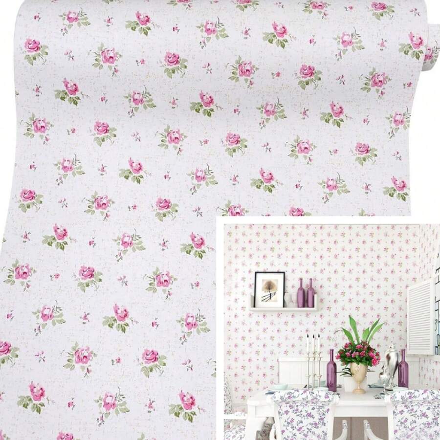 1卷粉色碎花图案壁纸，浪漫装饰风格，自粘可移除乙烯基壁纸，适用于厨房、浴室、客厅墙面和家具装饰，DIY即撕即贴，尺寸为17.7英寸 x 196.8英寸 / 118.1英寸 x 39.3英寸，壁纸，墙贴