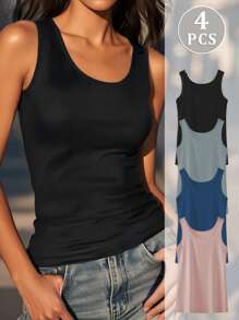 4pcs Affordable Women's Summer Ice Silk Basic Camisole, Anti-Glare, Breathable, Girls' Underwear, Spaghetti Strap, Ribbed Vest, Slim Fit, Outerwear/Innerwear Sleeveless Top