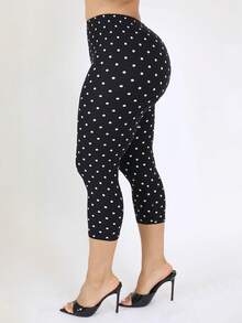 Women Polka Dot Skinny Capri Leggings Bow Tie Up Knee Length Capris Pants Sexy Stretchy Slim Fit Cropped Trousers - màu đen - Xem 3