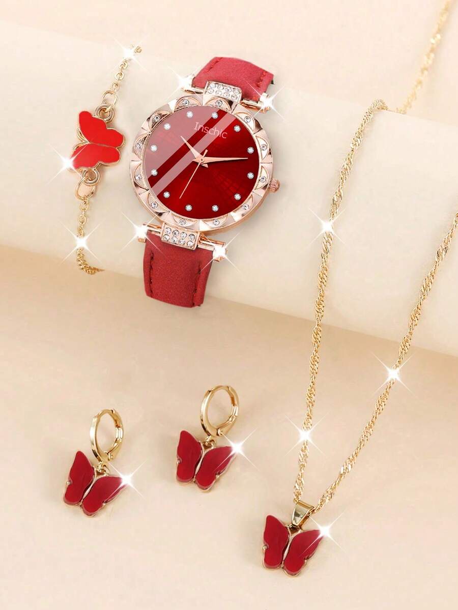 5pcs/Set 1pc Girls PU PU Watch Band Fashion Rhinestone Decorated Star Pattern Round Dial Quartz Watch &4pcs Butterfly Jewelry Set For Everyday Life Back To School