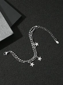 1 pezzo Collana con catena di perline in acciaio inossidabile con croce e pentagramma, mini-maschile e versatile doppio strato per uomo