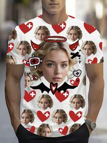 1 PC Custom Men's Halloween T-Shirt, Customize Your Own Graphic Tees, Custom Halloween Clothes, Men's Shirts, Customized Girlfriend Or Wife Face Photo T-Shirt, Halloween Heart Graphic Shirt, Unique Holiday Gift, Anniversary Gift, Personalized Men's Clothing, Gifts For Him, Sports T-Shirt, Party Clothes - Multicolor - View 2