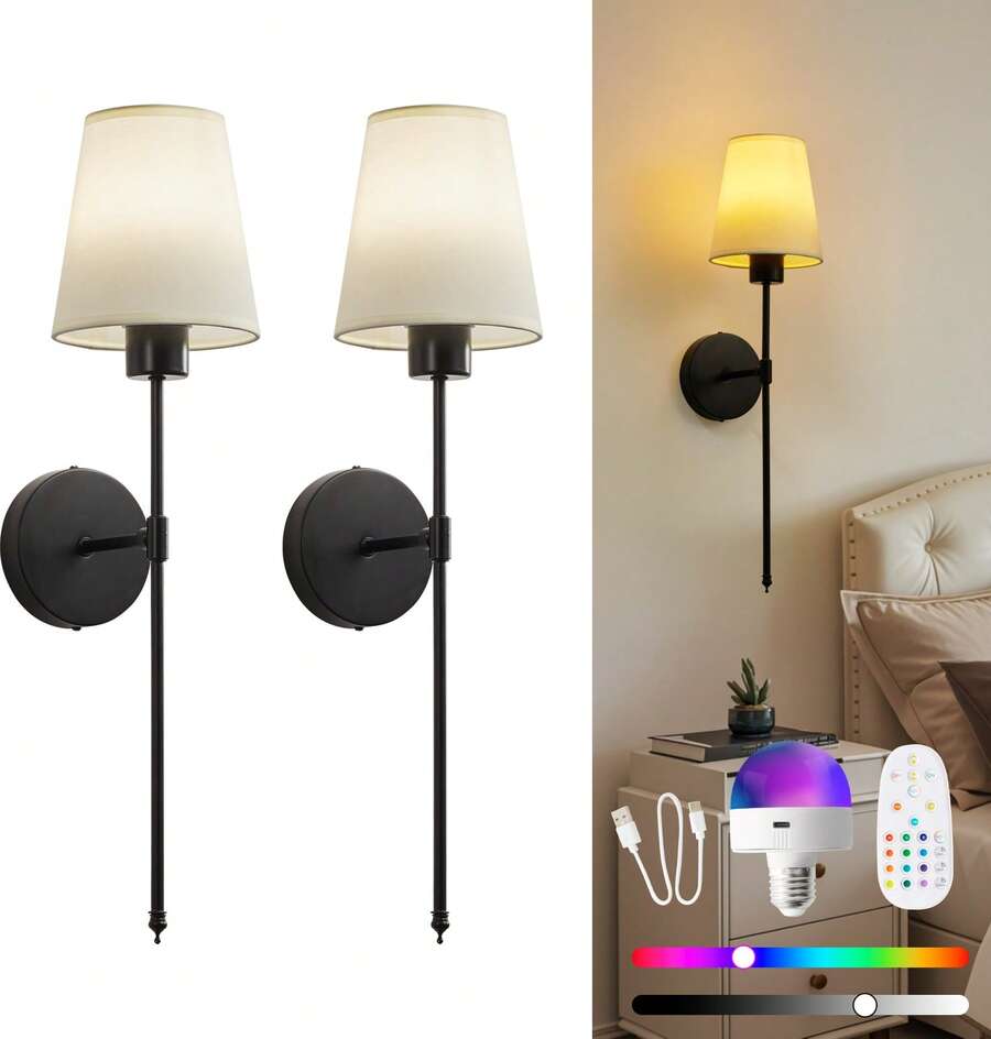 RGB Rechargeable Wall Sconces Set Of 2 – 13-Color Wireless LED Lights With Remote Control, Dimmable & Easy To Install For Bedroom, Living Room, Hallway - màu đen - Xem 1