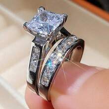 2pcs/Set Fashion Cubic Zirconia Rings For Women - Valentine's Day Gift Wedding Anniversary Party Jewelry - 銀色 - 查看 7