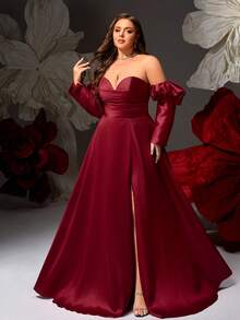 VIPGIRL New Elegant High-End Design Plus Size Women's Formal Luxury Evening Gown Dress With Burgundy Strapless Puff Sleeves - Burgundy - View 6
