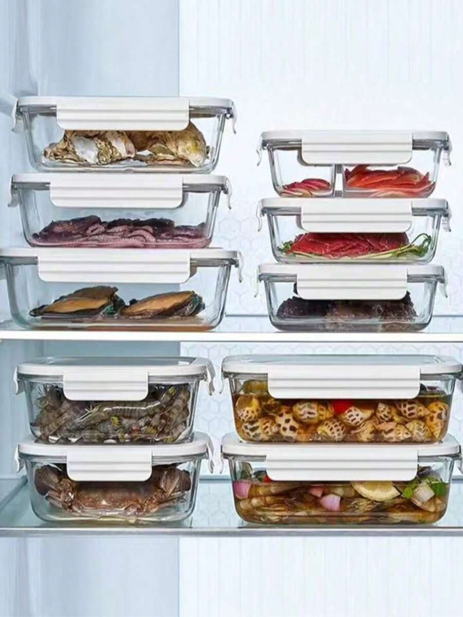 10个/套（5个850毫升+5个1400毫升）带按扣盖的食品储物盒，适用于冰箱储存、食物分隔、户外野餐午餐盒、水果、蔬菜、谷物、浆果、沙拉、生菜的储存和整理，厨房收纳整理，午餐盒，厨房用品，圣诞礼物，学习用品，家居装饰，新年礼物 - 白色 - 查看 1