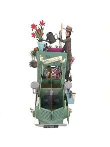 Carte d'anniversaire pop-up 3D avec voiture verte rétro et fleurs colorées - Carte de vœux pour anniversaires, anniversaires, félicitations - Design de dessin animé ludique, cadeau idéal et décoration de fête, carte-cadeau Carte pop-up florale Illustration charmante, décorations d'anniversaire, pour les fournitures scolaires, rentrée des classes