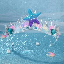 1pc Elegant Purple Heart Starfish Shell Mermaid Tail Decor Bridal Wedding Tiara Crown Princess Headpiece - 彩色 - 查看 6