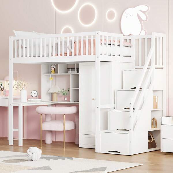 Sairedel Loft Bed With Wardrobe & Desk – White Wooden Bed (90x200 Cm) + Storage Space & Stairs – Multifunctional Multi-Purpose Bed