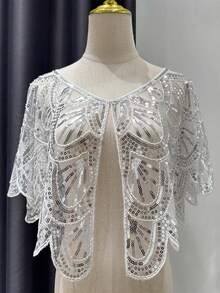 1 Pc Women's Oversized Fish Scale Sequin Shawl, Sparkling Evening Dress Shawl, Vintage Cheongsam Style Light Shawl Top, Embellished - Multicolor - View 5