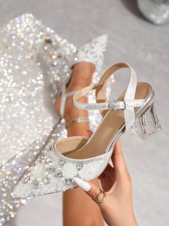 Leuchtende Kristall Spitze Zehen High Heel Pumps für Damen, Cut Out Schnallen Riemen elegante Mode Party Nachtclub bequeme vielseitige Schuhe