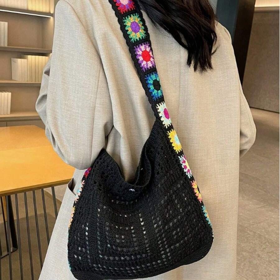 Hollow-Out Floral Bag,Crossbody Bag For Women, Vibrant Floral Embroidery,No Closure, Fixed Straps,Retro Contrast Color, , Beach Purse, Perfect For Summer, Vacation & Daily Use, Travel Must Haves