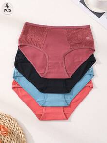 4 pièces/Paquet Culottes bikini sans couture à taille basse avec patchwork en dentelle pour femmes, sous-vêtements de sport confortables avec contrôle du ventre et rehaussement des fesses - Multicolore - Voir 2