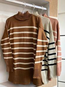 Women's Striped Knit Turtleneck Poncho Cold Weather Blouse Sweater Coat Knitwear Fall/Winter Fashion - 裸體 - 查看 3