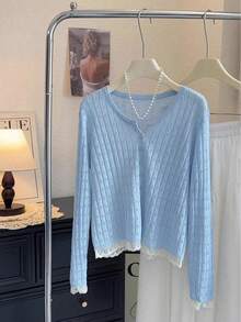 女士镂空钩编蕾丝针织开衫，新款轻薄夏季防晒上衣 - 藍色 - 查看 1