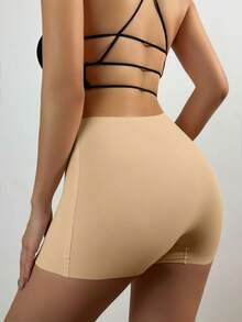 Women's Seamless Chafing Shorts, Anti-Slip Mid-Waist Bike Shorts Pants - Khaki - View 2