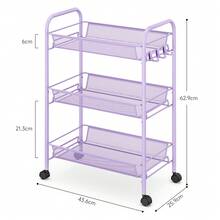 Xe đẩy kim loại 3 tầng TOOLF, Xe đẩy tiện ích lắp ráp dễ dàng bằng lưới, Xe đẩy lưu trữ có bánh xe với 3 móc, Kệ lưu trữ bằng kim loại cho nhà bếp, phòng tắm, phòng giặt ủi, trang trí ngoài trời - Màu tím - Xem 3