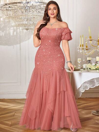 Vestido largo de fiesta, baile de graduación, boda, con hombros descubiertos, mangas con volantes, encaje floral con lentejuelas, contraste de malla con volantes en el bajo, talla grande