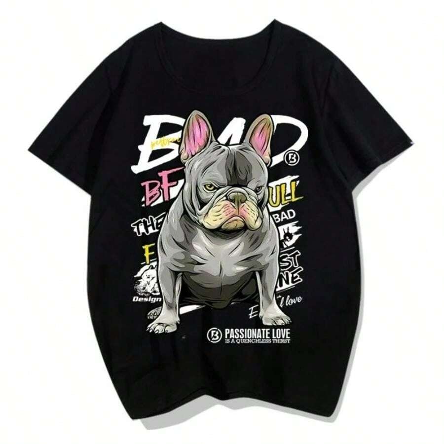 Vintage French Bulldog Pattern Print Fun Cotton Short-Sleeved T-Shirt Men And Women Oversize High Street Couple Top - màu đen - Xem 1