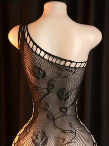 情趣内衣性感黑色干练玫瑰图案斜肩设计侧分镂空开裆连体衣 - 黑色 - 查看 4