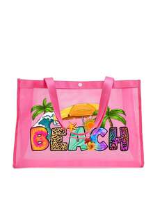 粉色网眼托特包和小包套装，带有海滩风格彩色字母印花设计，便携式化妆包和休闲收纳手提包，透明收纳包，护肤包，洗漱包，女士沙滩手提包，婚礼伴娘礼物，母亲礼物，生日礼物，送给朋友和老师的最佳礼物，浴室收纳盒，返校季和毕业季必备品，适合学生、返校和教师
