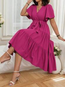 Vestidos Casuales de Talla Grande para Mujer, Vestidos de Cuello En V de Color Liso para Mujer, Mangas Sueltas con Volantes, Vestidos Casuales con Cintura Anudada, Adecuados para Fiestas Y Ropa Informal - Rosa Fucsia - Ver 5