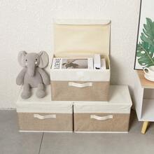 1pc Foldable Linen CD Storage Box, Collapsible Storage Bin With Lid, Toy Organizer Basket, Laundry Hamper - Khaki - View 5