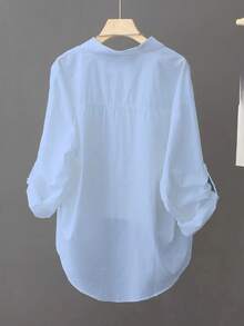 休闲纯色轻质长袖衬衫，百搭外套 - 藍色 - 查看 2