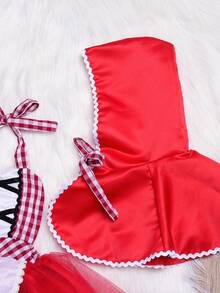 Baby Girl Halter Plaid Dress, Red Cloak Little Red Riding Hood Outfits, 2Pcs Party Cosplay Costume - Red - View 3