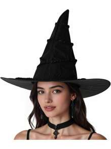 1pc New Pleated Black Witch Hat, Adult Halloween Wizard Costume Accessory - A - View 8