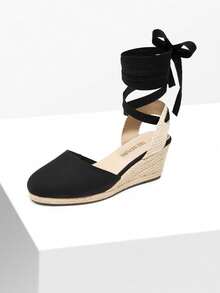 女式包头系带帆布鞋可爱细带凉鞋职业海滩夏季厚底坡跟凉鞋 - 黑色 - 查看 5