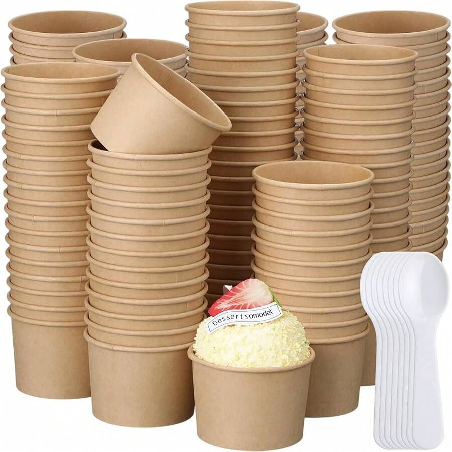 Honeydak 300 Pack 5 Oz Kraft Paper Disposable Ice Cream Cups With Spoons Bulk Small Ice Cream Sundae Bowls Treat Dessert Snack Frozen Yogurt Soup Container Wedding Birthday Party Supplies(Brown,White) - 棕色 - 查看 1