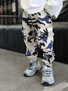 1pc Young Boy Cuffed Cargo Pants, Camouflage Casual Workwear Trousers - Khaki - View 6