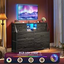 EnHomee Dresser For Bedroom With 8  Fabric Drawers & LED Lights And Charging Station, Nightstand With Open Shelf For Living Room And Entryway, Easy To Assemble, Black Wood Grain - 查看 7