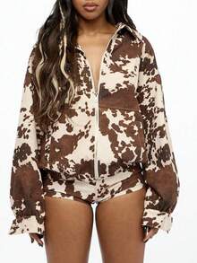 Women's Cow Print Loose - Fit Y2K Jacket With Zipper And Cuffed Sleeves And Matching Shorts For Summer Styling - 棕色 - 查看 5
