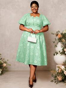 Jacqard A Line Party Dresses Square Collar Lantern Sleeves Elegant Wedding Guest Birthday Curve Women Back To School