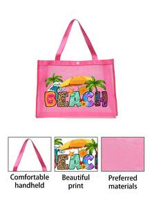 粉色网眼托特包和小包套装，带有海滩风格彩色字母印花设计，便携式化妆包和休闲收纳手提包，透明收纳包，护肤包，洗漱包，女士沙滩手提包，婚礼伴娘礼物，母亲礼物，生日礼物，送给朋友和老师的最佳礼物，浴室收纳盒，返校季和毕业季必备品，适合学生、返校和教师