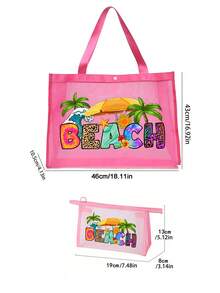 粉色网眼托特包和小包套装，带有海滩风格彩色字母印花设计，便携式化妆包和休闲收纳手提包，透明收纳包，护肤包，洗漱包，女士沙滩手提包，婚礼伴娘礼物，母亲礼物，生日礼物，送给朋友和老师的最佳礼物，浴室收纳盒，返校季和毕业季必备品，适合学生、返校和教师