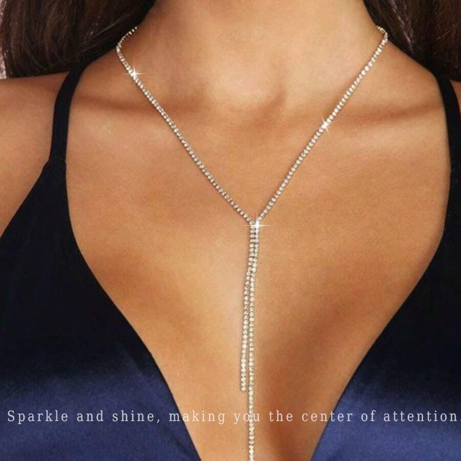 1pc Fashionable Elegant Silver Rhinestone Tassel Necklace - Silver - View 1