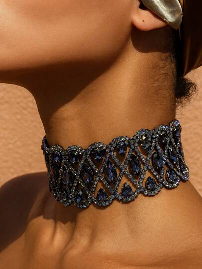 1 st svart mode kristall strass choker halsband, färgat ben halsband för kvinnor