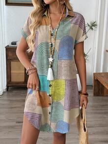 Geometric Print Collared Button Front Knee-Length Bodycon Dress - Multicolor - View 1
