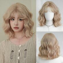 NAMM 12 英寸米金色短波浪假发，时尚合成刘海假发，优质柔软耐热卷发，适合日常佩戴、节日和音乐节 - 樱花庆典华丽派对街头时尚摄影 - 女孩礼物假发配件