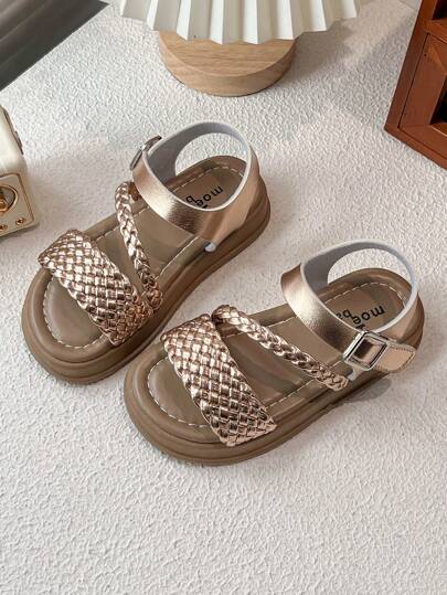 1 Pair. For Girls Aged 3 - 10. With Woven Strap Design. Synthetic Leather. Anti - Slip And Wear - Resistant. Open - Toed And Low - Top. Buckle - Strap With Thick Soles. Fashionable And Casual Style. Sandals. Suitable For Summer Outings And Daily Wear.