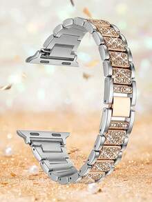 1条兼容苹果手表的表带，男女通用，锌合金材质，银色和玫瑰金双色金属表带，闪亮水钻复古表带，兼容苹果手表38/40/41/42/44/45/46/49毫米，休闲商务佩戴皆宜，兼容苹果手表Ultra/SE/10/9/8/7/6/5/4/3/2/1，配件 - 銀色間玫 - 查看 9