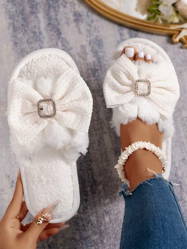 Women's Bow-Knot Open-Toe Plush Slippers, Comfortable Breathable Indoor House Slippers For Autumn/Winter, Suitable For Home, Dorm, All Seasons