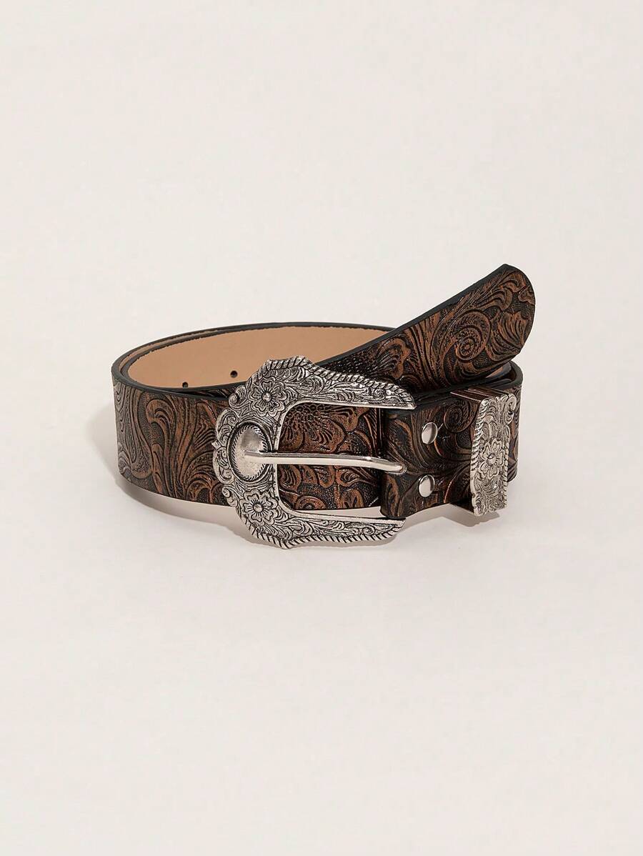 1pc Women's Embossed Vintage Western Buckle Denim Jeans Accessories Belt