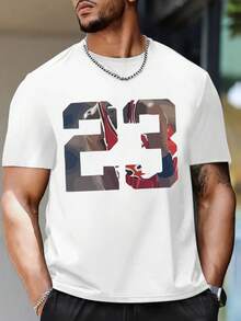 Number 23 Print Men's Classic Round Neck Cotton Short-Sleeved Graphic T-Shirt, Cotton T Shirt,Men Clothes - White - View 4