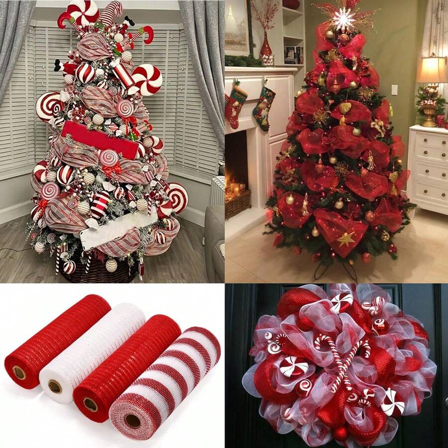 1/4 rouleau de maille de Noël, ruban de maille métallique de Noël, ruban d'arbre de Noël, ruban tulle rouge et vert, rouleau de ruban de maille en polypropylène, couronnes d'hiver, emballage cadeau DIY, décoration d'arbre de Noël DIY, guirlande, escalier, table à manger, cheminée, décoration de fond de table de fête de Noël, 2025 cadeaux - Rayures rouges vertes blanches - Voir 1