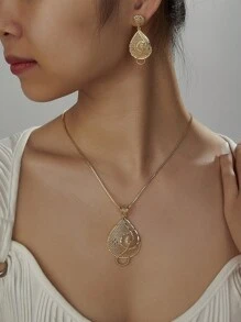 SEQUITO 3 Stücke Set aus temperamentvoller gelb-goldener, vergoldeter Hochzeits-Party-Kleid-Accessoires, Cut Out, großer Wassertropfen-Anhänger, Halskette, lange Hänge-Ohrhänge, Brautschmuck