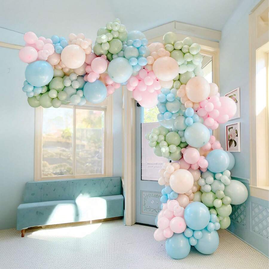 123 piezas Kit de arco de globos espirales de colores, globos de color rosa claro, verde, azul, adecuado para Pascua, Wonderland, fiesta de té de primavera, 1er cumpleaños, baby shower, decoración del Día de la Madre - Multicolor - Ver 1